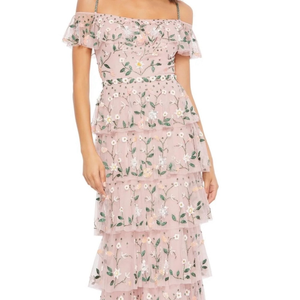 Mac Duggal Beaded Floral Tiered Chiffon Column Gown